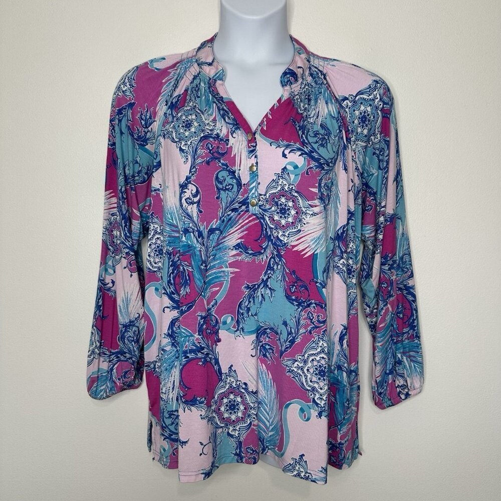 Belle by Kim Gravel Peasant Top Size M Pink Blue Paisley Long Sleeve Relaxed‎
